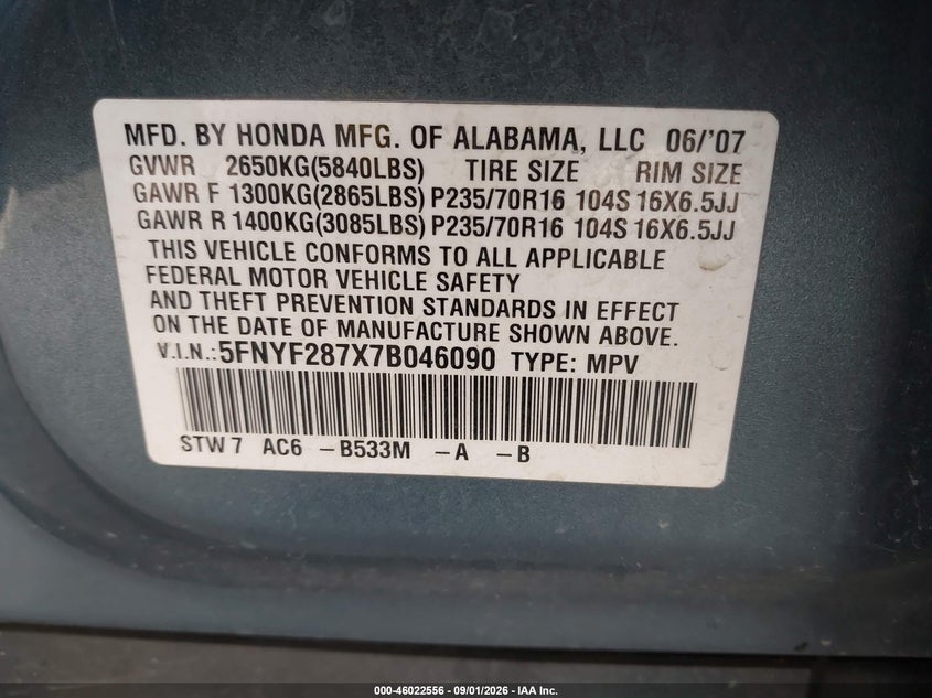 2007 HONDA PILOT SPORT UTILITY VEHICLE 3.5L V-6 VVT, REGULAR , 244HP