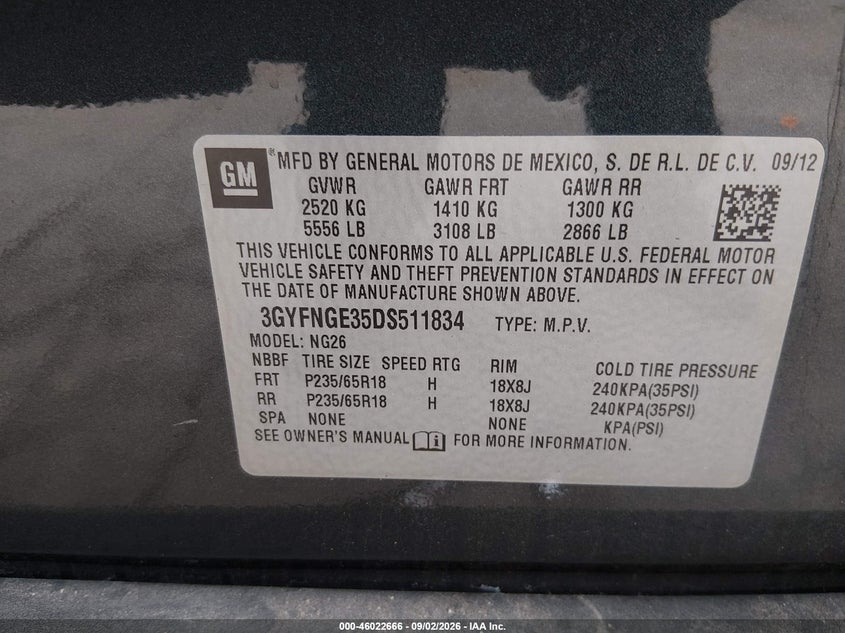 CADILLAC SRX 2013 VIN 3GYFNGE35DS511834