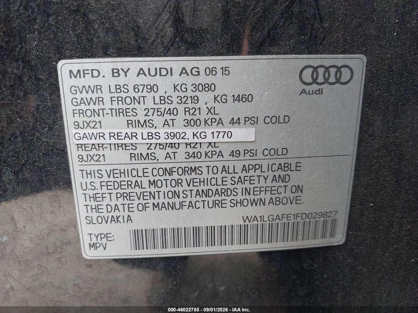 AUDI Q7 2015 VIN WA1LGAFE1FD029827