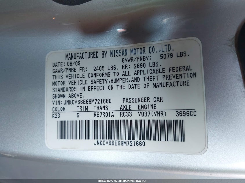 INFINITI G37 2009 VIN JNKCV66E69M721660