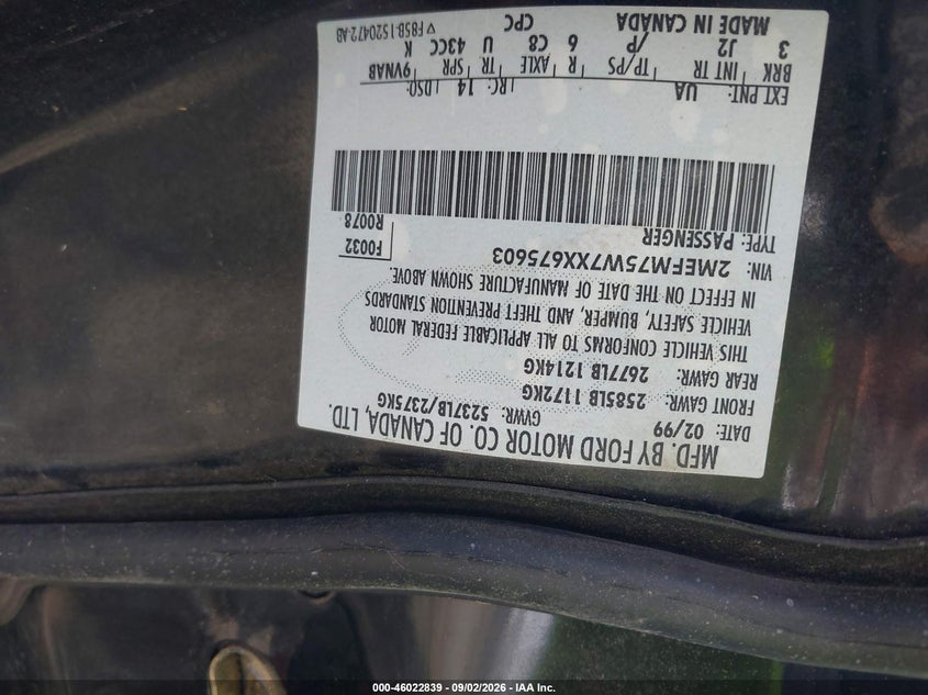 MERCURY GRAND MARQUIS 1999 VIN 2MEFM75W7XX675603