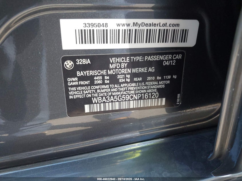 BMW 328I 2012 VIN WBA3A5G59CNP16120