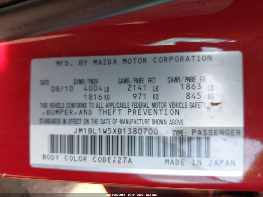 MAZDA MAZDA3 2011 VIN JM1BL1W5XB1380700