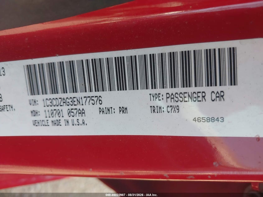 DODGE AVENGER 2014 VIN 1C3CDZAG3EN177576