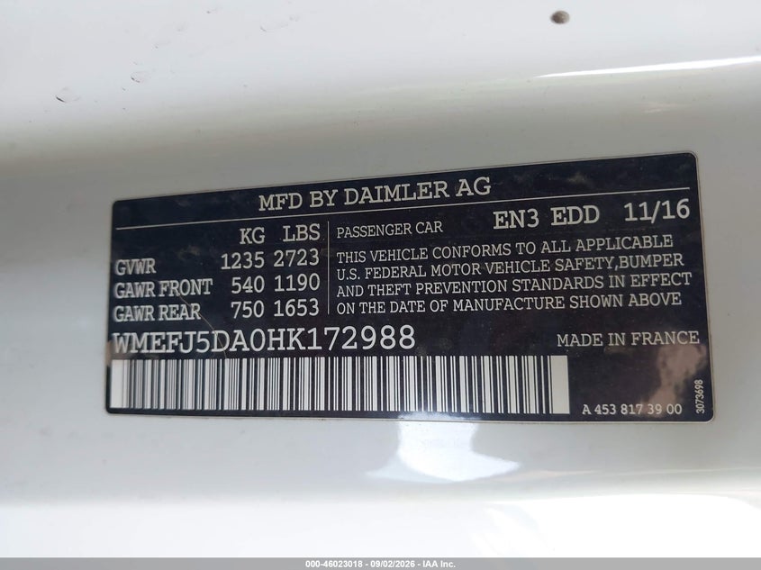 SMART FORTWO 2017 VIN WMEFJ5DA0HK172988