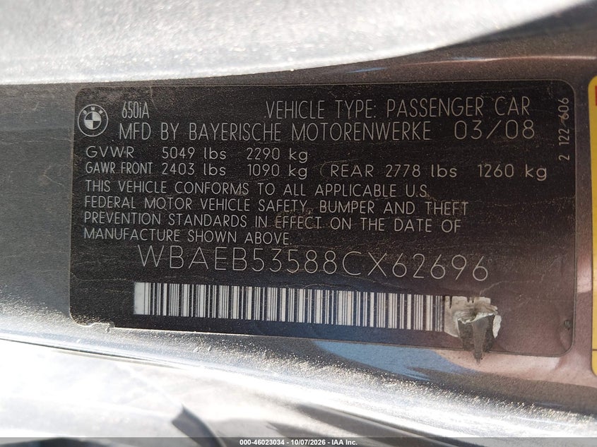 BMW 650I 2008 VIN WBAEB53588CX62696