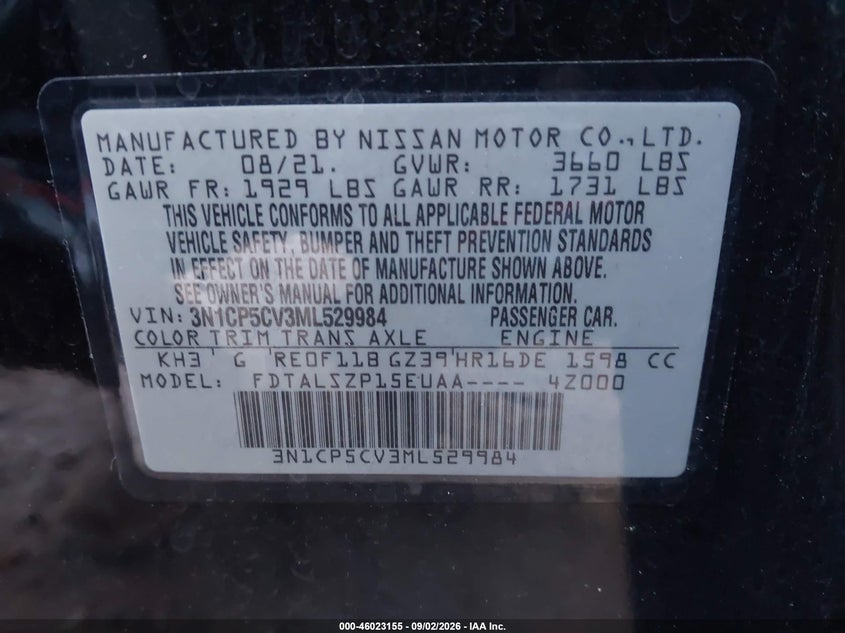 NISSAN KICKS 2021 VIN 3N1CP5CV3ML529984