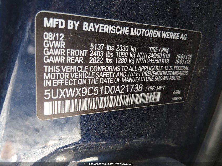 BMW X3 2013 VIN 5UXWX9C51D0A21738