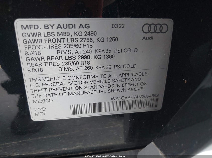 AUDI Q5 2022 VIN WA1GAAFY4N2084599
