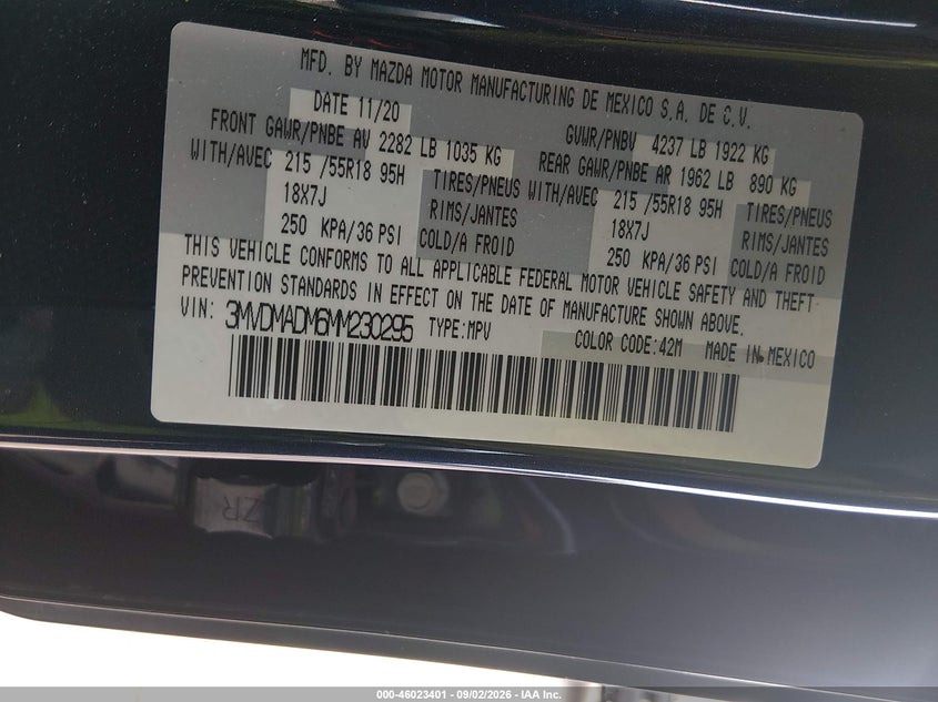 MAZDA CX-30 2021 VIN 3MVDMADM6MM230295