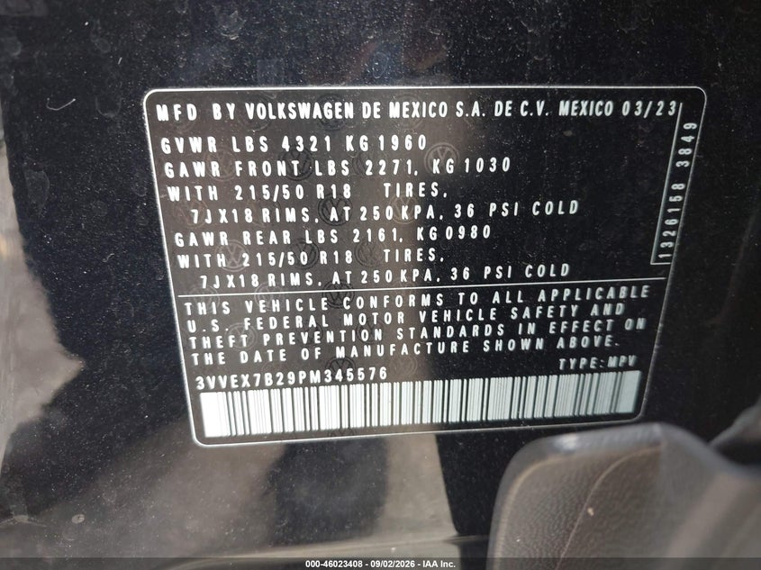 VOLKSWAGEN TAOS 2023 VIN 3VVEX7B29PM345576