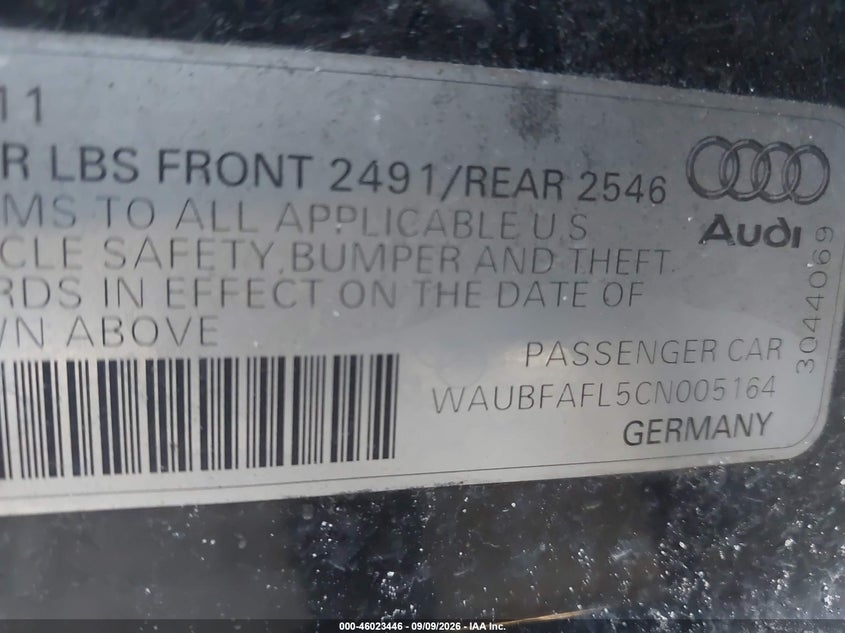 AUDI A4 2012 VIN WAUBFAFL5CN005164