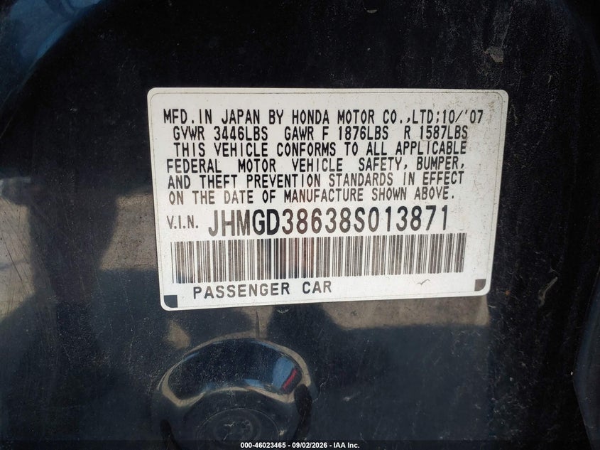 HONDA FIT 2008 VIN JHMGD38638S013871