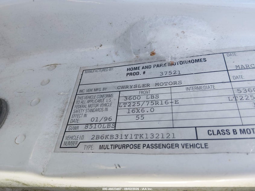 DODGE RAM VAN 1996 VIN 2B6KB31Y1TK132121