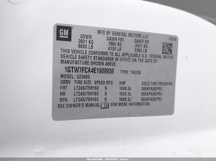 GMC SAVANA 2500 2014 VIN 1GTW7FCA4E1909938