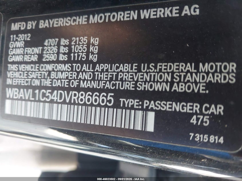 BMW X1 2013 VIN WBAVL1C54DVR86665