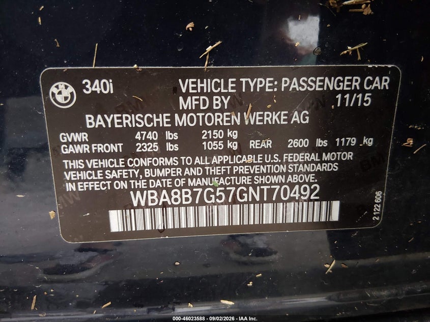2016 BMW 3ER SEDAN 3.0L I-6 DI, DOHC, VVT, TURBO, PREMIUM , 320HP