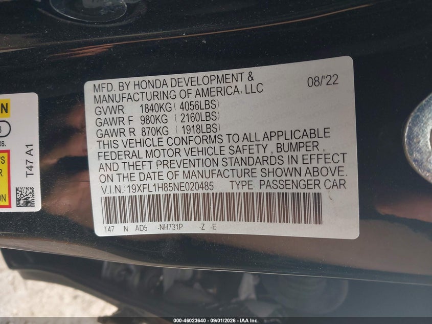 HONDA CIVIC 2022 VIN 19XFL1H85NE020485