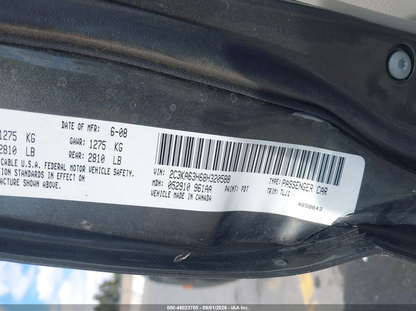 CHRYSLER 300C 2008 VIN 2C3KA63H68H320588