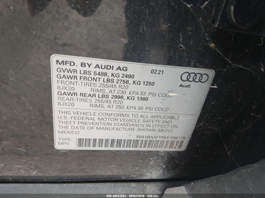 AUDI Q5 2021 VIN WA1BAAFY5M2065178
