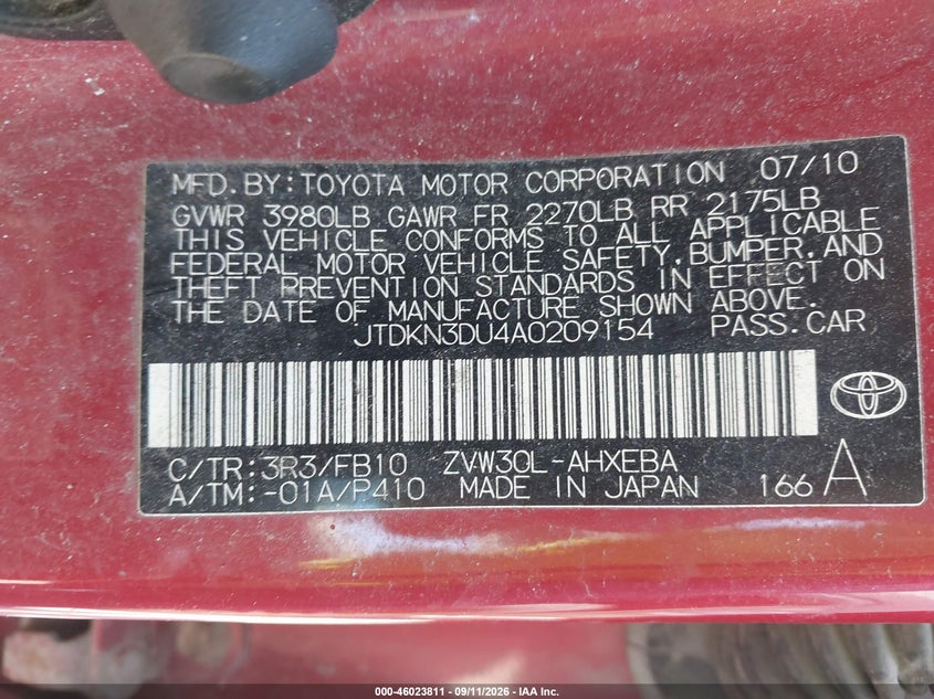 TOYOTA PRIUS 2010 VIN JTDKN3DU4A0209154