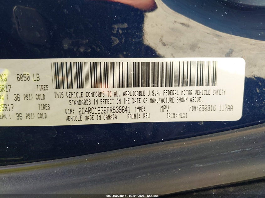 CHRYSLER TOWN & COUNTRY 2015 VIN 2C4RC1BG6FR539641
