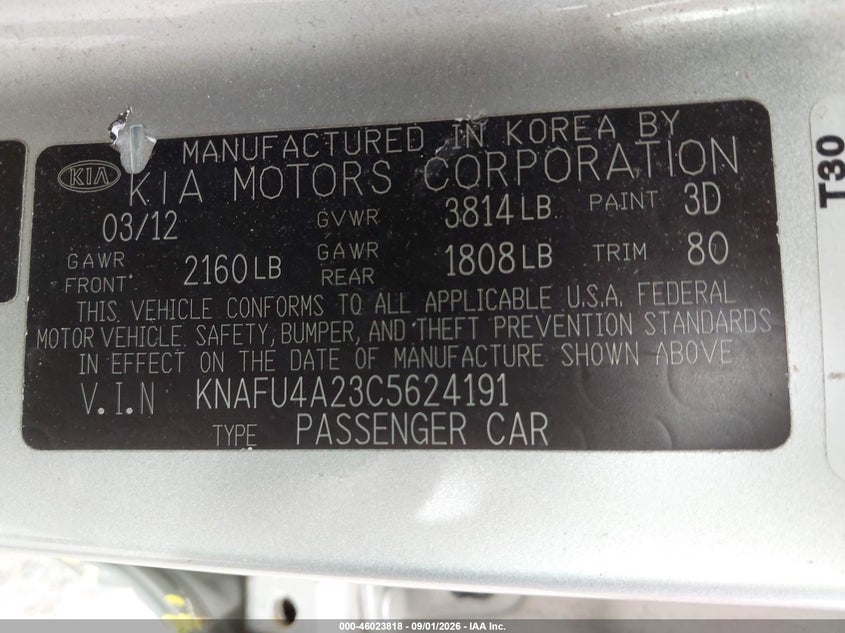 KIA FORTE 2012 VIN KNAFU4A23C5624191
