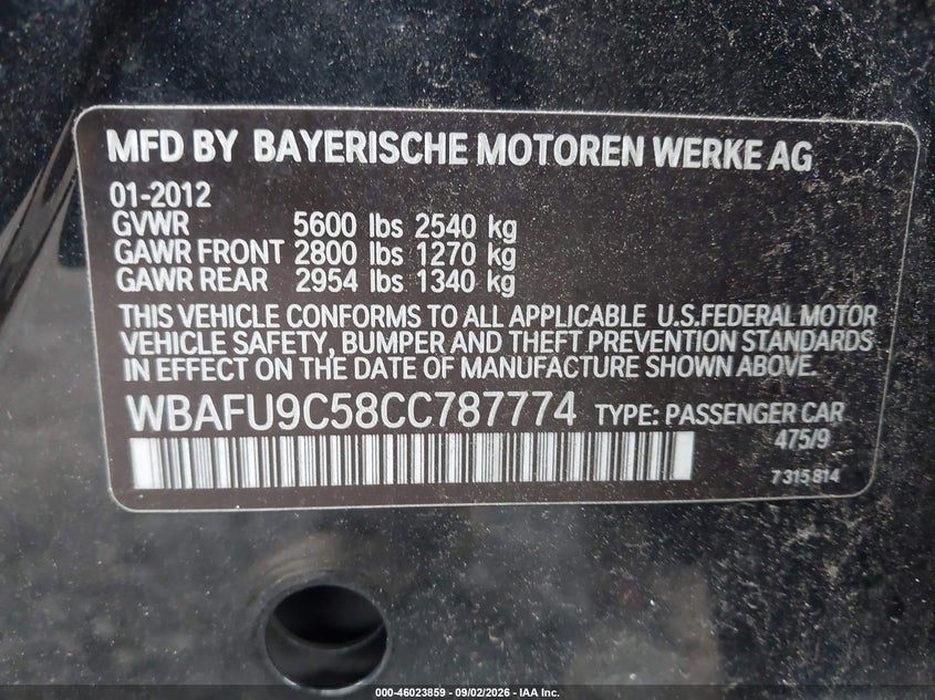BMW 550I 2012 VIN WBAFU9C58CC787774