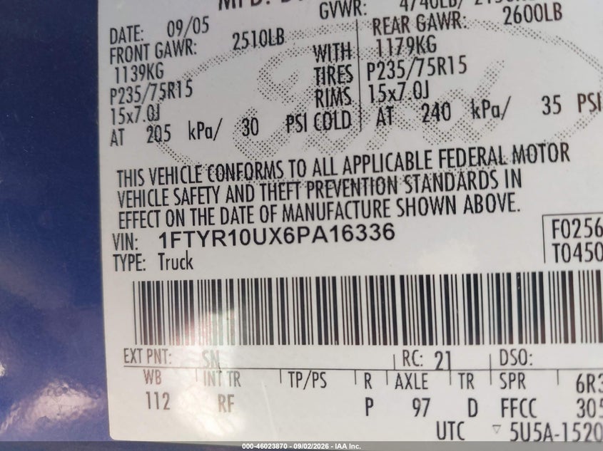 FORD RANGER 2006 VIN 1FTYR10UX6PA16336