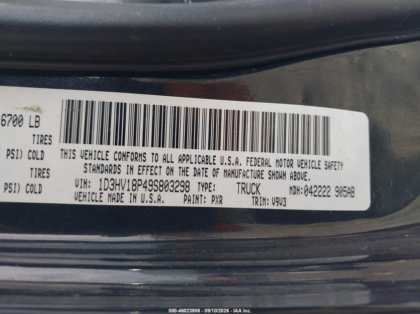 DODGE RAM 1500 2009 VIN 1D3HV18P49S803298