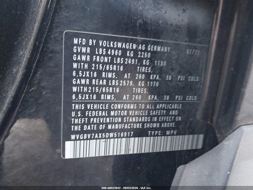 VOLKSWAGEN TIGUAN 2013 VIN WVGBV7AX5DW516917