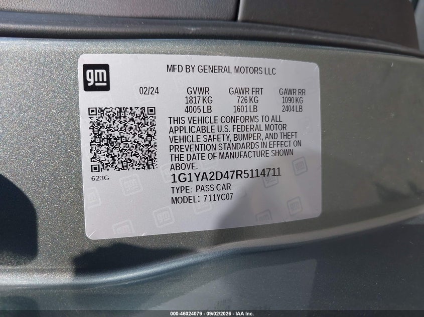 CHEVROLET CORVETTE STINGRAY 2024 VIN 1G1YA2D47R5114711
