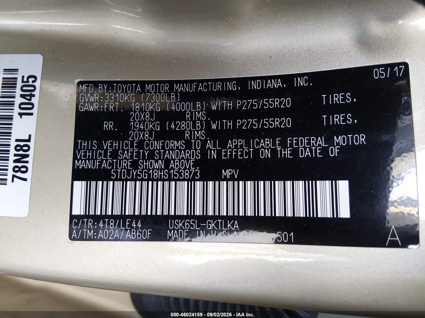 TOYOTA SEQUOIA 2017 VIN 5TDJY5G18HS153873