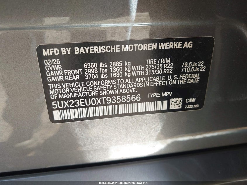 BMW X5 2026 VIN 5UX23EU0XT9358566
