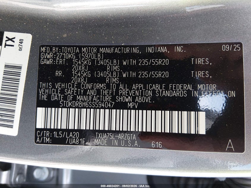 TOYOTA HIGHLANDER 2025 VIN 5TDKDRBH6SS594047
