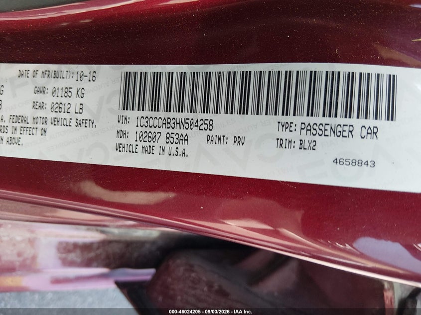 CHRYSLER 200 2017 VIN 1C3CCCAB3HN504258