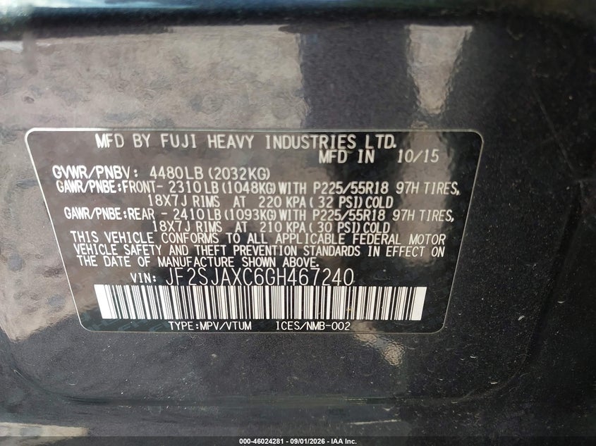 SUBARU FORESTER 2016 VIN JF2SJAXC6GH467240
