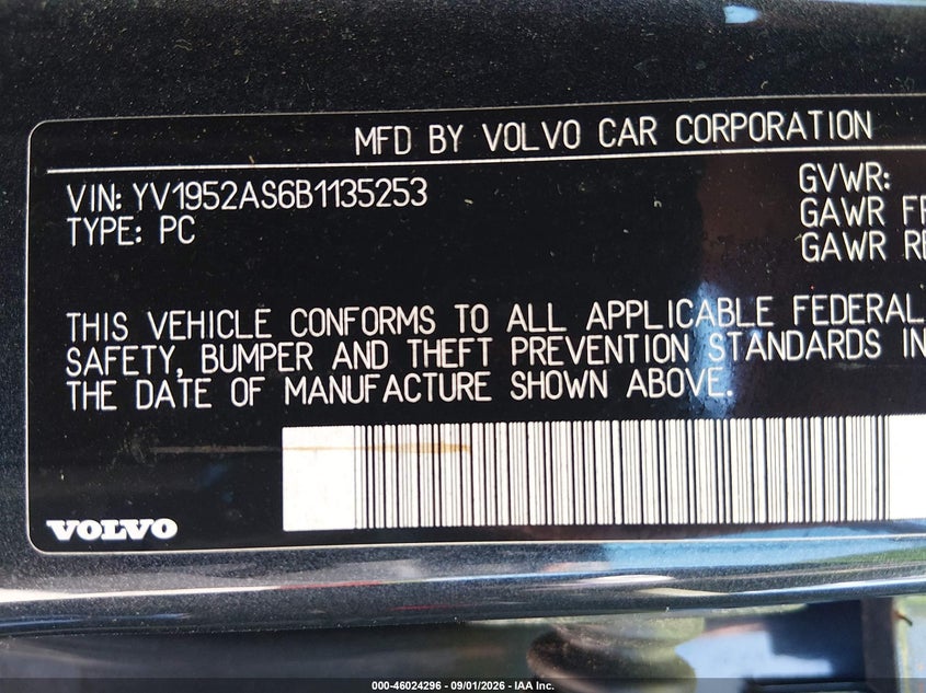 VOLVO S80 2011 VIN YV1952AS6B1135253