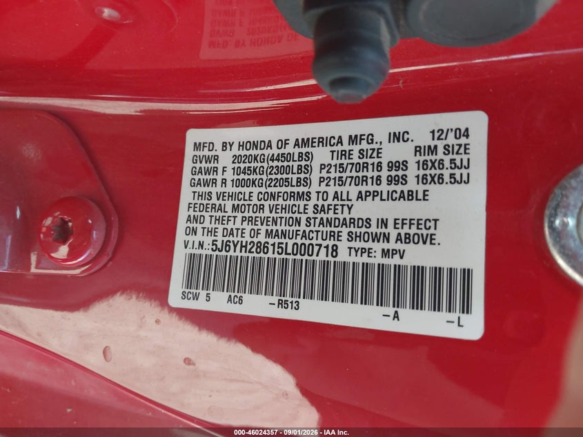 HONDA ELEMENT 2005 VIN 5J6YH28615L000718