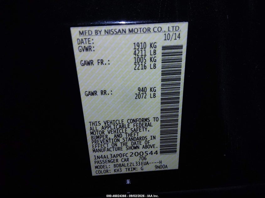 NISSAN ALTIMA 2015 VIN 1N4AL3AP0FC200544