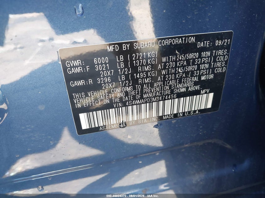 SUBARU ASCENT 2021 VIN 4S4WMAPD3M3474456