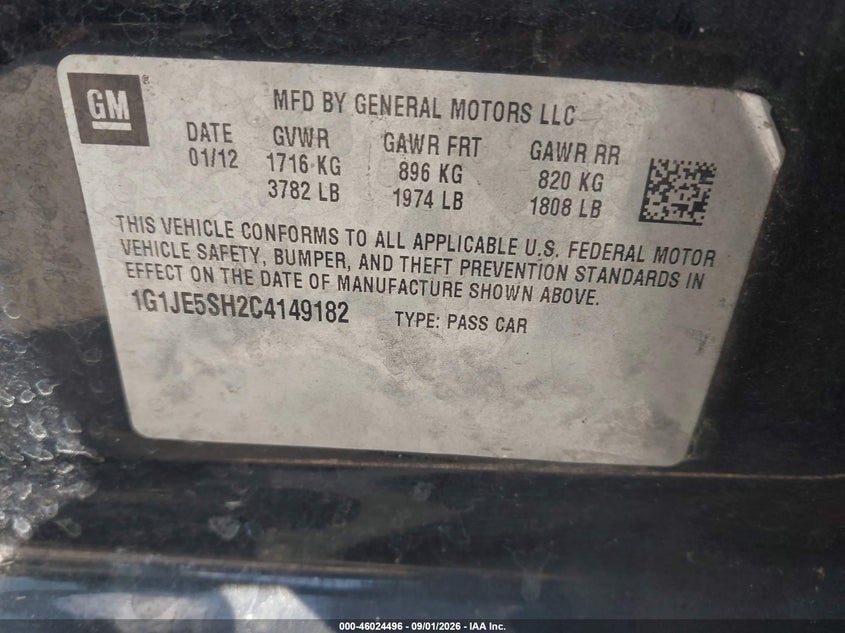 CHEVROLET SONIC 2012 VIN 1G1JE5SH2C4149182