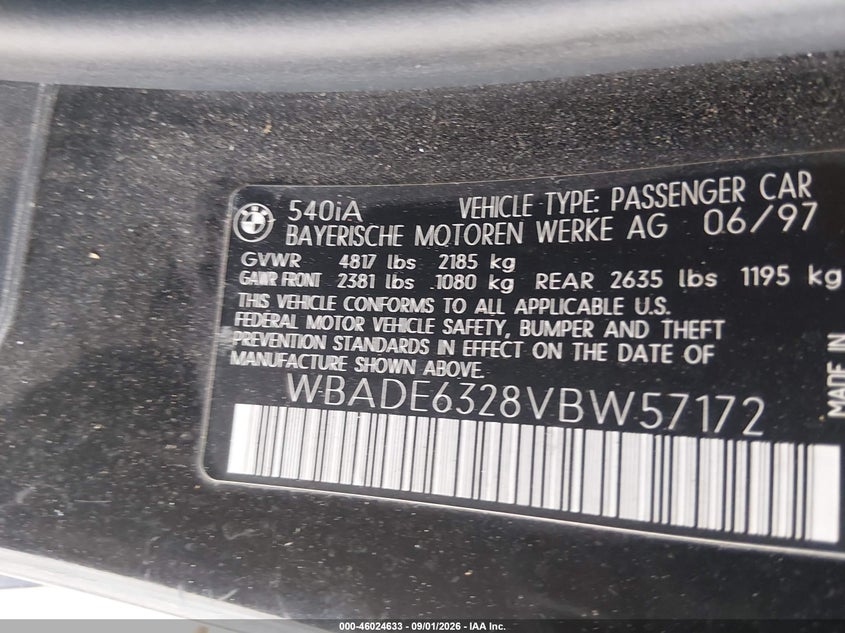 BMW 540IA 1997 VIN WBADE6328VBW57172
