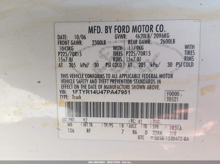 2007 FORD RANGER PICKUP 3.0L V-6 REGULAR , 148HP