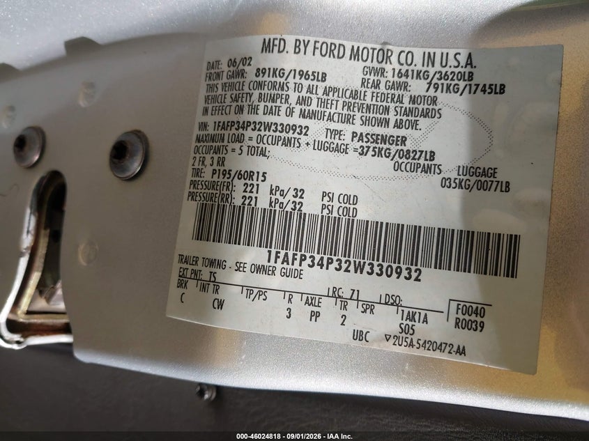 2002 FORD FOCUS SEDAN 2L I4 FI SOHC 8V F2