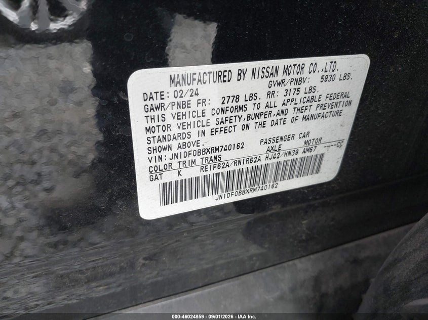 NISSAN ARIYA 2024 VIN JN1DF0BBXRM740162