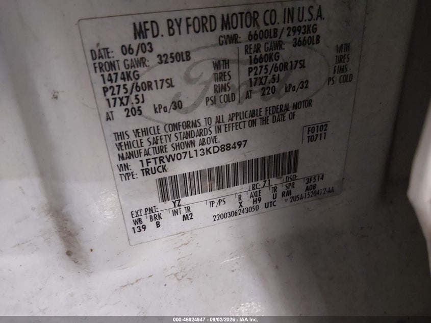 FORD F-150 2003 VIN 1FTRW07L13KD88497