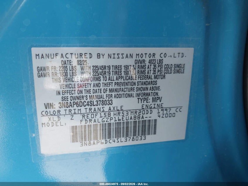 NISSAN KICKS 2025 VIN 3N8AP6DC4SL378033