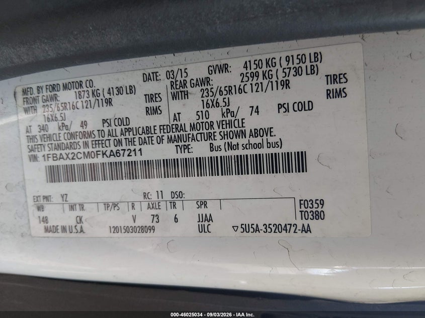 FORD TRANSIT-350 2015 VIN 1FBAX2CM0FKA67211