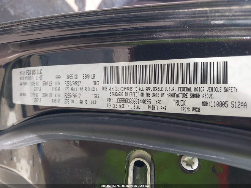RAM 1500 2016 VIN 1C6RR6KG9GS144095
